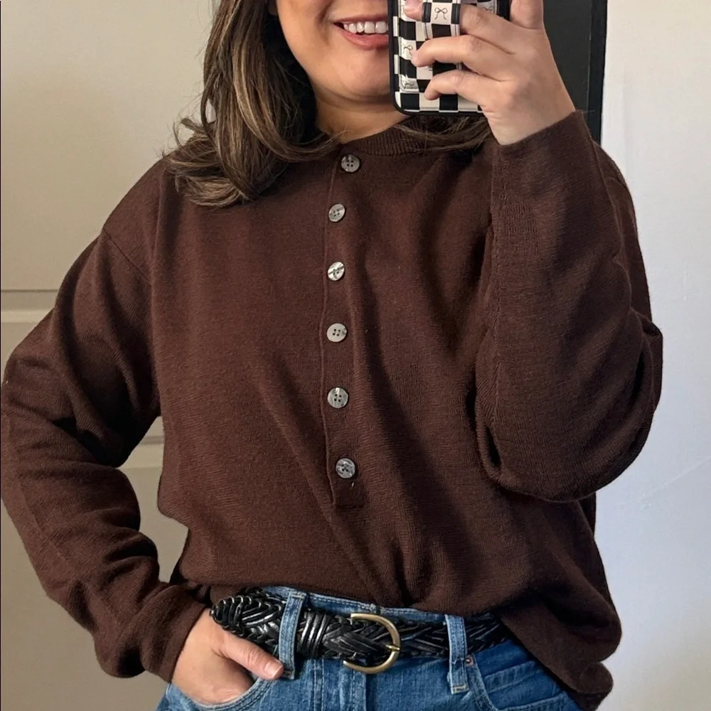Vintage Wool Blend Unisex Henley Sweater Brown. Size M